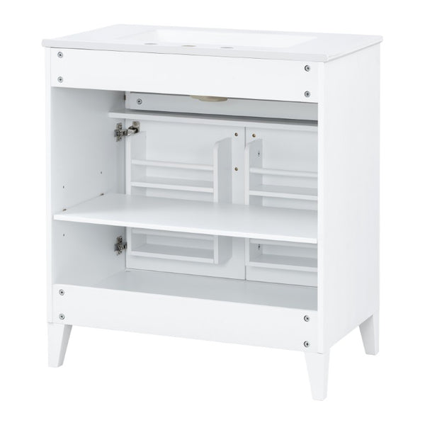 English Elm Video 30 Inch Freestanding Bathroom Vanity with Ceramic Sink and Rubberwood Legs in White 30 inches Ceramic+MDF,Rubber Wood N759P474678K