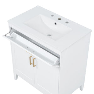 English Elm Video 30 Inch Freestanding Bathroom Vanity with Ceramic Sink and Rubberwood Legs in White 30 inches Ceramic+MDF,Rubber Wood N759P474678K