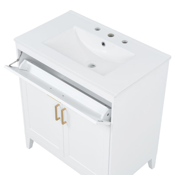 English Elm Video 30 Inch Freestanding Bathroom Vanity with Ceramic Sink and Rubberwood Legs in White 30 inches Ceramic+MDF,Rubber Wood N759P474678K