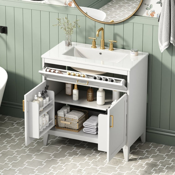 English Elm Video 30 Inch Freestanding Bathroom Vanity with Ceramic Sink and Rubberwood Legs in White 30 inches Ceramic+MDF,Rubber Wood N759P474678K