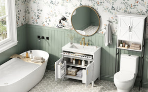 English Elm Video 30 Inch Freestanding Bathroom Vanity with Ceramic Sink and Rubberwood Legs in White 30 inches Ceramic+MDF,Rubber Wood N759P474678K