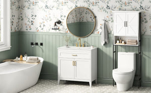 English Elm Video 30 Inch Freestanding Bathroom Vanity with Ceramic Sink and Rubberwood Legs in White 30 inches Ceramic+MDF,Rubber Wood N759P474678K
