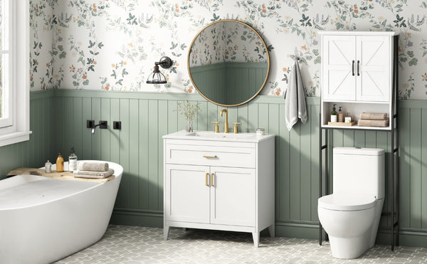 English Elm Video 30 Inch Freestanding Bathroom Vanity with Ceramic Sink and Rubberwood Legs in White 30 inches Ceramic+MDF,Rubber Wood N759P474678K