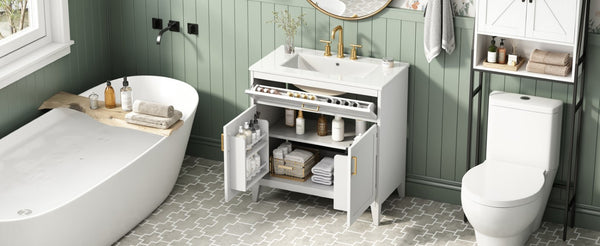 English Elm Video 30 Inch Freestanding Bathroom Vanity with Ceramic Sink and Rubberwood Legs in White 30 inches Ceramic+MDF,Rubber Wood N759P474678K