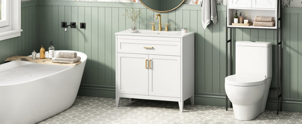 English Elm Video 30 Inch Freestanding Bathroom Vanity with Ceramic Sink and Rubberwood Legs in White 30 inches Ceramic+MDF,Rubber Wood N759P474678K