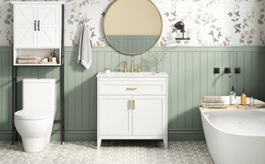 English Elm Video 30 Inch Freestanding Bathroom Vanity with Ceramic Sink and Rubberwood Legs in White 30 inches Ceramic+MDF,Rubber Wood N759P474678K