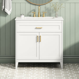 English Elm Video 30 Inch Freestanding Bathroom Vanity with Ceramic Sink and Rubberwood Legs in White 30 inches Ceramic+MDF,Rubber Wood N759P474678K