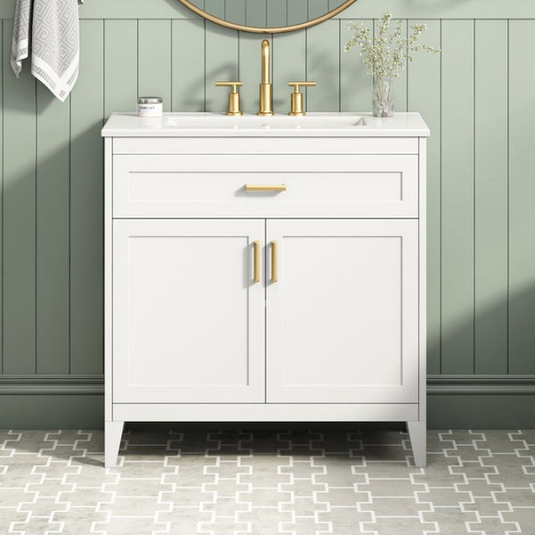 English Elm Video 30 Inch Freestanding Bathroom Vanity with Ceramic Sink and Rubberwood Legs in White 30 inches Ceramic+MDF,Rubber Wood N759P474678K
