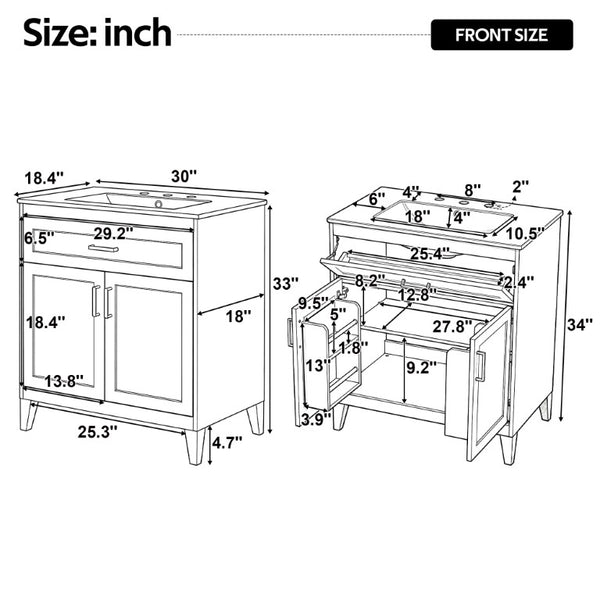 English Elm Video 30 Inch Freestanding Bathroom Vanity with Ceramic Sink and Rubberwood Legs in White 30 inches Ceramic+MDF,Rubber Wood N759P474678K