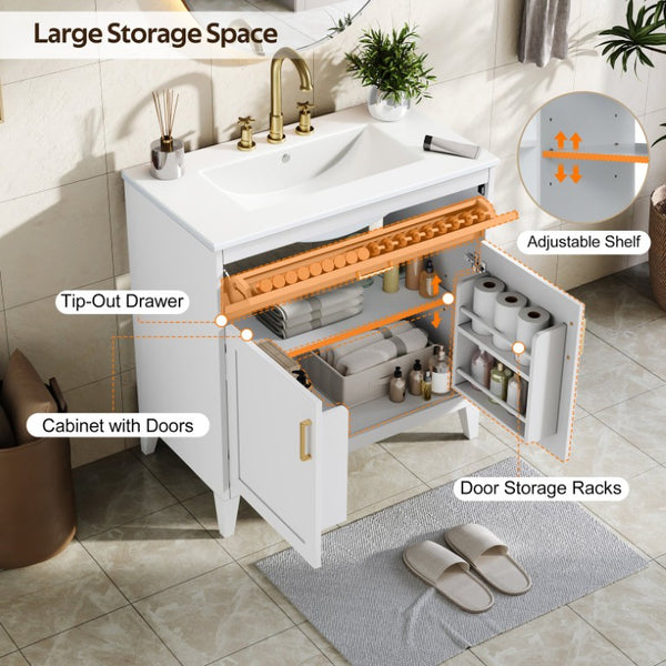 English Elm Video 30 Inch Freestanding Bathroom Vanity with Ceramic Sink and Rubberwood Legs in White 30 inches Ceramic+MDF,Rubber Wood N759P474678K