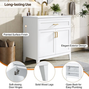 English Elm Video 30 Inch Freestanding Bathroom Vanity with Ceramic Sink and Rubberwood Legs in White 30 inches Ceramic+MDF,Rubber Wood N759P474678K