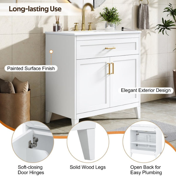 English Elm Video 30 Inch Freestanding Bathroom Vanity with Ceramic Sink and Rubberwood Legs in White 30 inches Ceramic+MDF,Rubber Wood N759P474678K