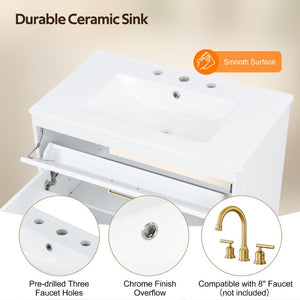 English Elm Video 30 Inch Freestanding Bathroom Vanity with Ceramic Sink and Rubberwood Legs in White 30 inches Ceramic+MDF,Rubber Wood N759P474678K