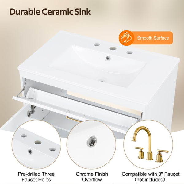 English Elm Video 30 Inch Freestanding Bathroom Vanity with Ceramic Sink and Rubberwood Legs in White 30 inches Ceramic+MDF,Rubber Wood N759P474678K
