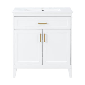 English Elm Video 30 Inch Freestanding Bathroom Vanity with Ceramic Sink and Rubberwood Legs in White 30 inches Ceramic+MDF,Rubber Wood N759P474678K