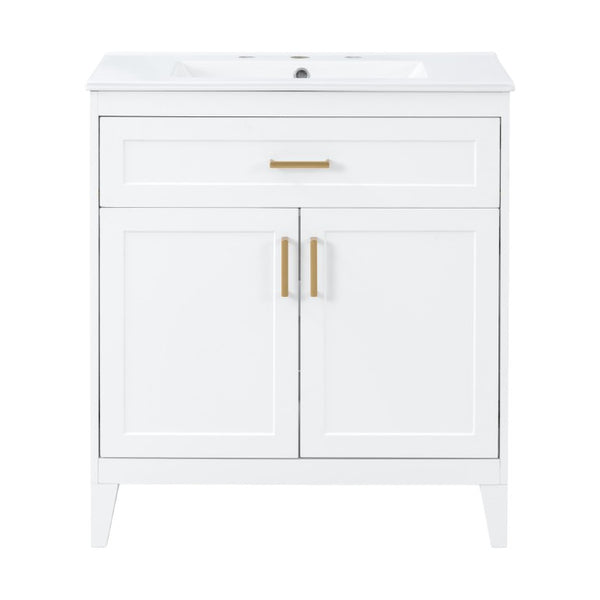 English Elm Video 30 Inch Freestanding Bathroom Vanity with Ceramic Sink and Rubberwood Legs in White 30 inches Ceramic+MDF,Rubber Wood N759P474678K