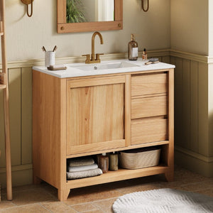 English Elm Video 36 Inch Bathroom Vanity Rubberwood Legs Ceramic Sink Soft Close Drawers Natural Finish N759P474679N