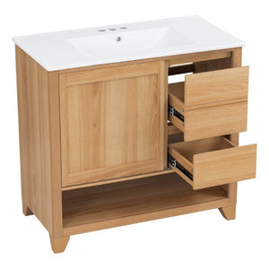 English Elm Video 36 Inch Bathroom Vanity Rubberwood Legs Ceramic Sink Soft Close Drawers Natural Finish N759P474679N