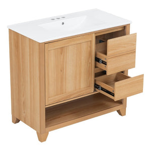 English Elm Video 36 Inch Bathroom Vanity Rubberwood Legs Ceramic Sink Soft Close Drawers Natural Finish N759P474679N
