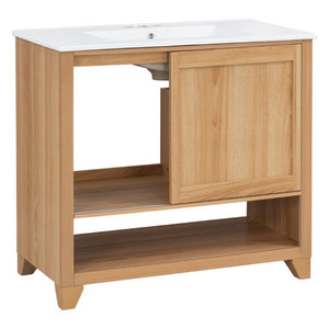 English Elm Video 36 Inch Bathroom Vanity Rubberwood Legs Ceramic Sink Soft Close Drawers Natural Finish N759P474679N
