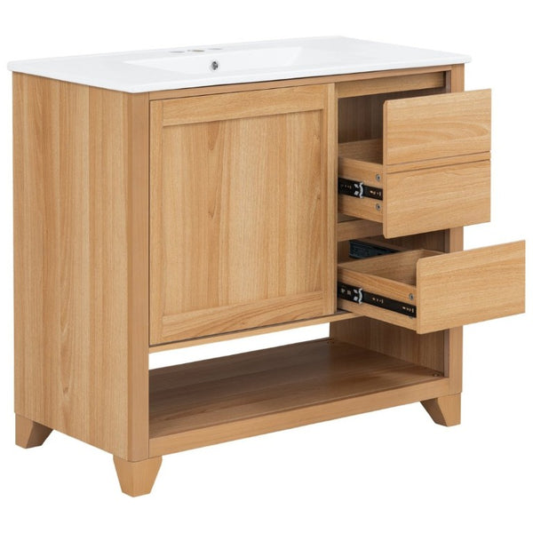 English Elm Video 36 Inch Bathroom Vanity Rubberwood Legs Ceramic Sink Soft Close Drawers Natural Finish N759P474679N