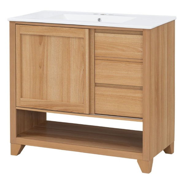 English Elm Video 36 Inch Bathroom Vanity Rubberwood Legs Ceramic Sink Soft Close Drawers Natural Finish N759P474679N