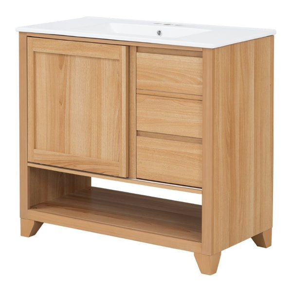 English Elm Video 36 Inch Bathroom Vanity Rubberwood Legs Ceramic Sink Soft Close Drawers Natural Finish N759P474679N