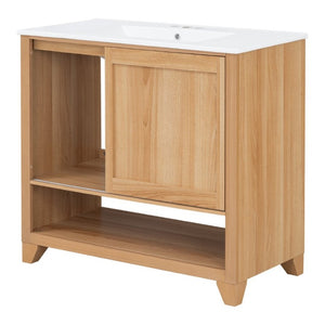 English Elm Video 36 Inch Bathroom Vanity Rubberwood Legs Ceramic Sink Soft Close Drawers Natural Finish N759P474679N