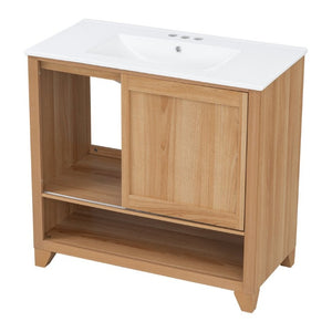 English Elm Video 36 Inch Bathroom Vanity Rubberwood Legs Ceramic Sink Soft Close Drawers Natural Finish N759P474679N