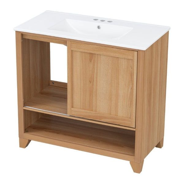 English Elm Video 36 Inch Bathroom Vanity Rubberwood Legs Ceramic Sink Soft Close Drawers Natural Finish N759P474679N