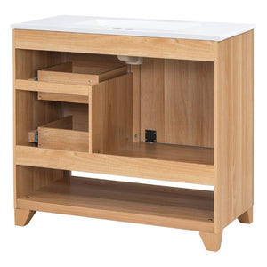 English Elm Video 36 Inch Bathroom Vanity Rubberwood Legs Ceramic Sink Soft Close Drawers Natural Finish N759P474679N