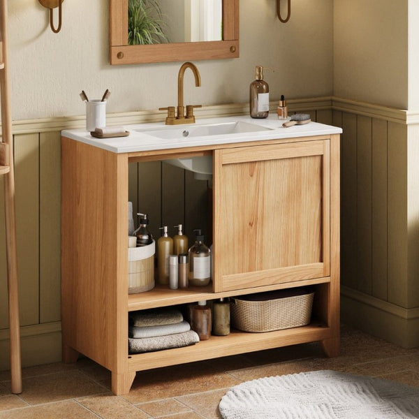 English Elm Video 36 Inch Bathroom Vanity Rubberwood Legs Ceramic Sink Soft Close Drawers Natural Finish N759P474679N