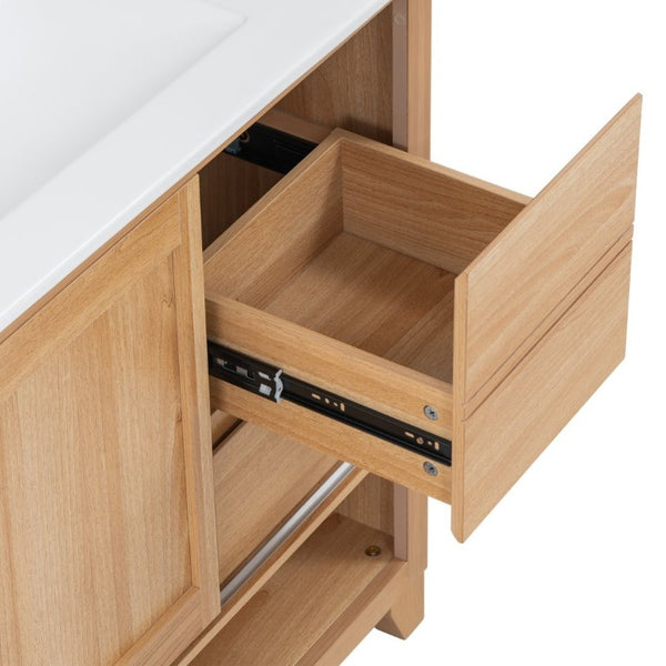 English Elm Video 36 Inch Bathroom Vanity Rubberwood Legs Ceramic Sink Soft Close Drawers Natural Finish N759P474679N
