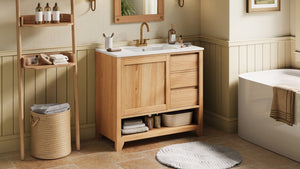 English Elm Video 36 Inch Bathroom Vanity Rubberwood Legs Ceramic Sink Soft Close Drawers Natural Finish N759P474679N