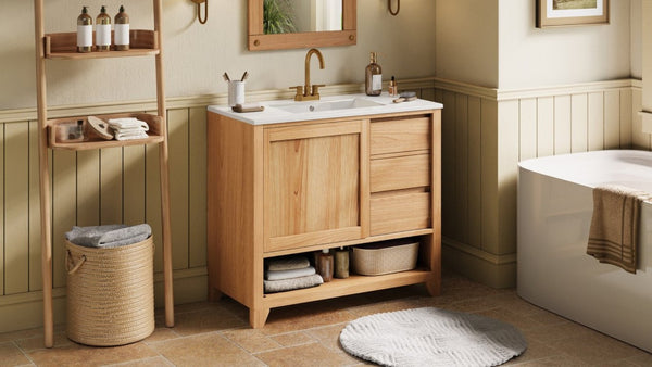 English Elm Video 36 Inch Bathroom Vanity Rubberwood Legs Ceramic Sink Soft Close Drawers Natural Finish N759P474679N