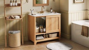 English Elm Video 36 Inch Bathroom Vanity Rubberwood Legs Ceramic Sink Soft Close Drawers Natural Finish N759P474679N