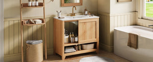 English Elm Video 36 Inch Bathroom Vanity Rubberwood Legs Ceramic Sink Soft Close Drawers Natural Finish N759P474679N