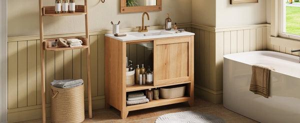 English Elm Video 36 Inch Bathroom Vanity Rubberwood Legs Ceramic Sink Soft Close Drawers Natural Finish N759P474679N