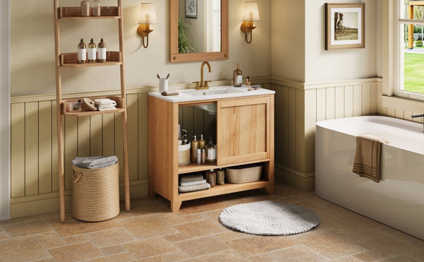 English Elm Video 36 Inch Bathroom Vanity Rubberwood Legs Ceramic Sink Soft Close Drawers Natural Finish N759P474679N