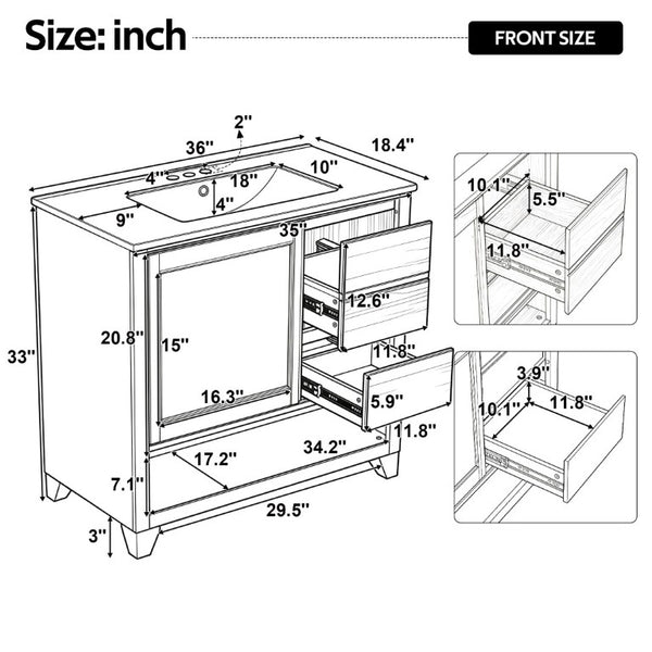 English Elm Video 36 Inch Bathroom Vanity Rubberwood Legs Ceramic Sink Soft Close Drawers Natural Finish N759P474679N