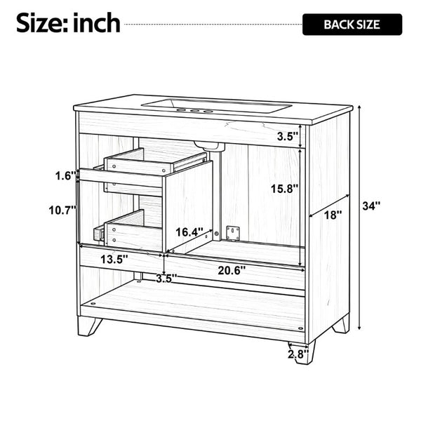 English Elm Video 36 Inch Bathroom Vanity Rubberwood Legs Ceramic Sink Soft Close Drawers Natural Finish N759P474679N