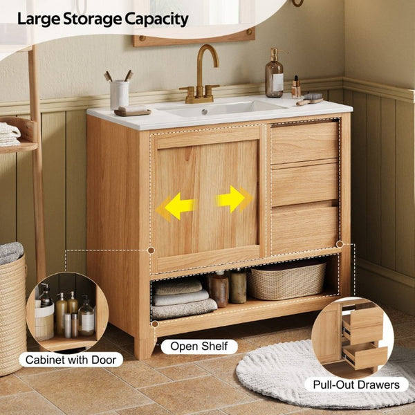 English Elm Video 36 Inch Bathroom Vanity Rubberwood Legs Ceramic Sink Soft Close Drawers Natural Finish N759P474679N