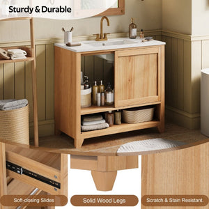 English Elm Video 36 Inch Bathroom Vanity Rubberwood Legs Ceramic Sink Soft Close Drawers Natural Finish N759P474679N