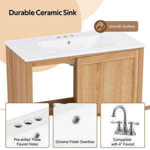 English Elm Video 36 Inch Bathroom Vanity Rubberwood Legs Ceramic Sink Soft Close Drawers Natural Finish N759P474679N
