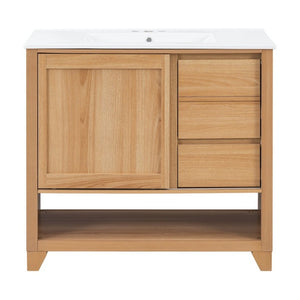 English Elm Video 36 Inch Bathroom Vanity Rubberwood Legs Ceramic Sink Soft Close Drawers Natural Finish N759P474679N