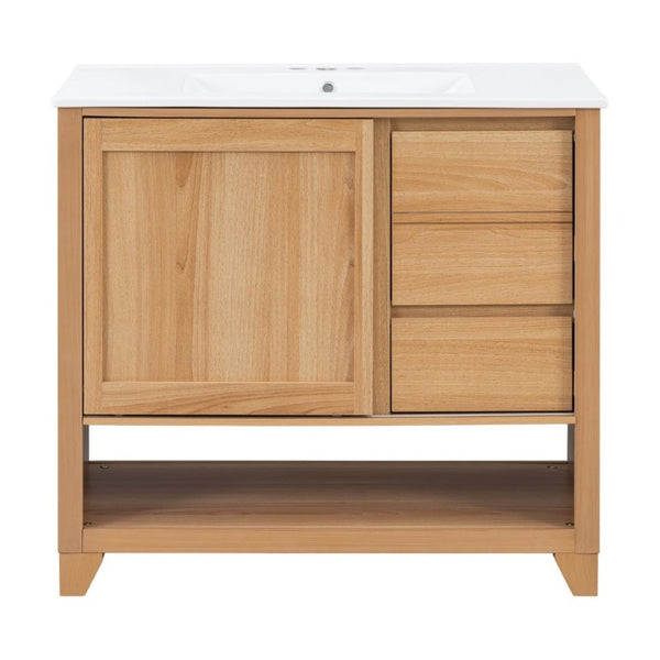 English Elm Video 36 Inch Bathroom Vanity Rubberwood Legs Ceramic Sink Soft Close Drawers Natural Finish N759P474679N