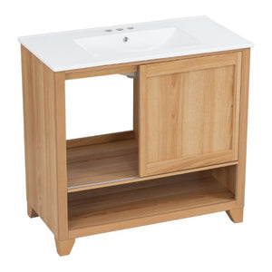 English Elm Video 36 Inch Bathroom Vanity Rubberwood Legs Ceramic Sink Soft Close Drawers Natural Finish N759P474679N