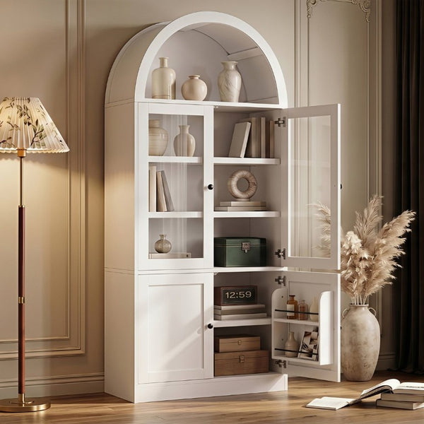 English Elm Video Tall Arched Glass Door Display Cabinet with Soft Close Hinges and Five Tier Shelving 5-Tier Shelves White N759P487146K