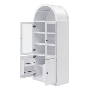 English Elm Video Tall Arched Glass Door Display Cabinet with Soft Close Hinges and Five Tier Shelving 5-Tier Shelves White N759P487146K