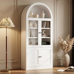 English Elm Video Tall Arched Glass Door Display Cabinet with Soft Close Hinges and Five Tier Shelving 5-Tier Shelves White N759P487146K
